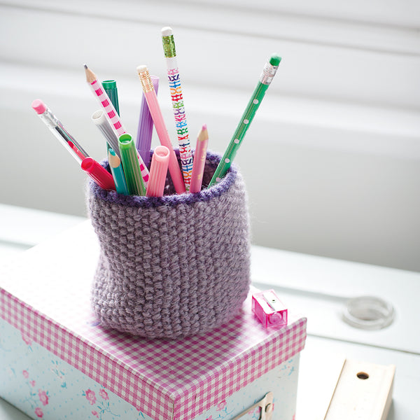 knitted purple pencil holder